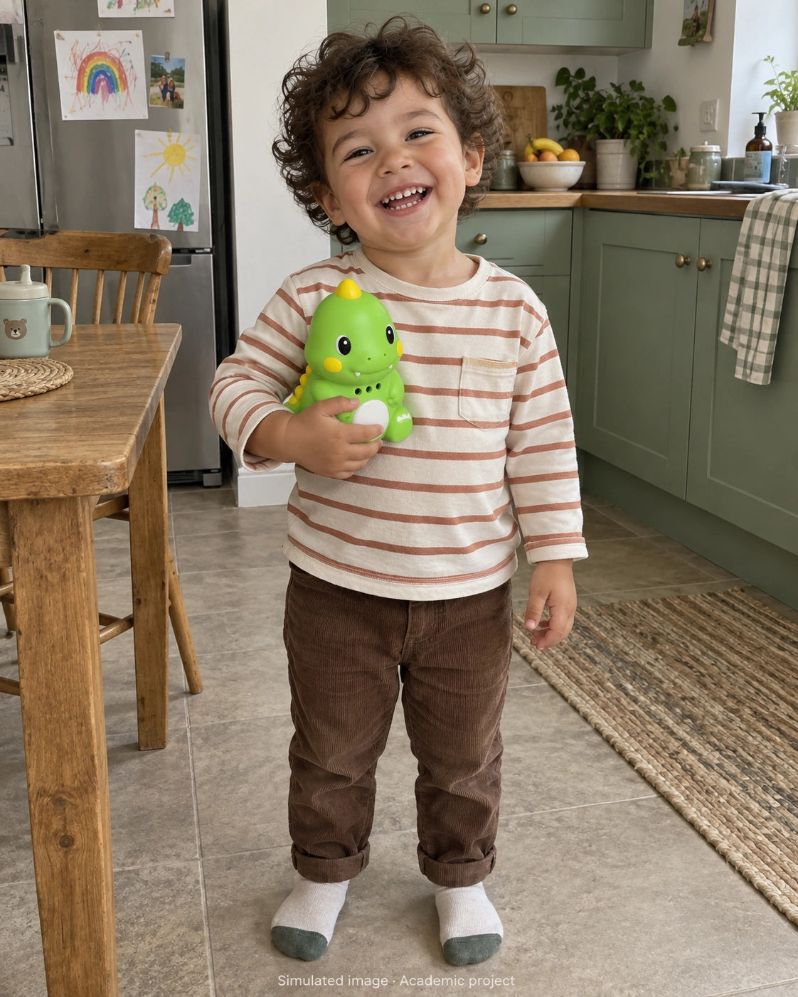 Child holding the green DinoTalk in a kitchen (simulated image)
