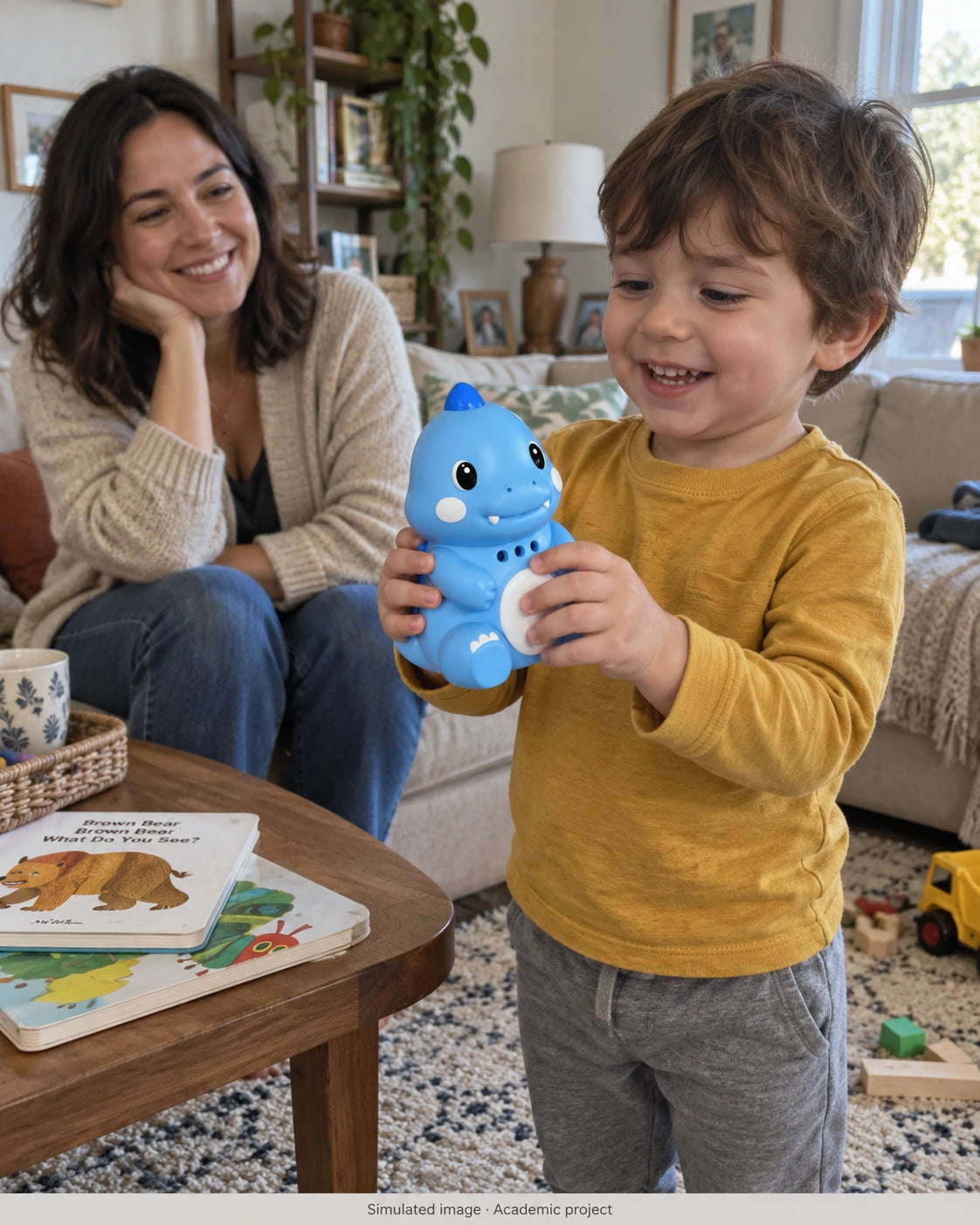 Child playing with the blue DinoTalk while a parent watches (simulated image)