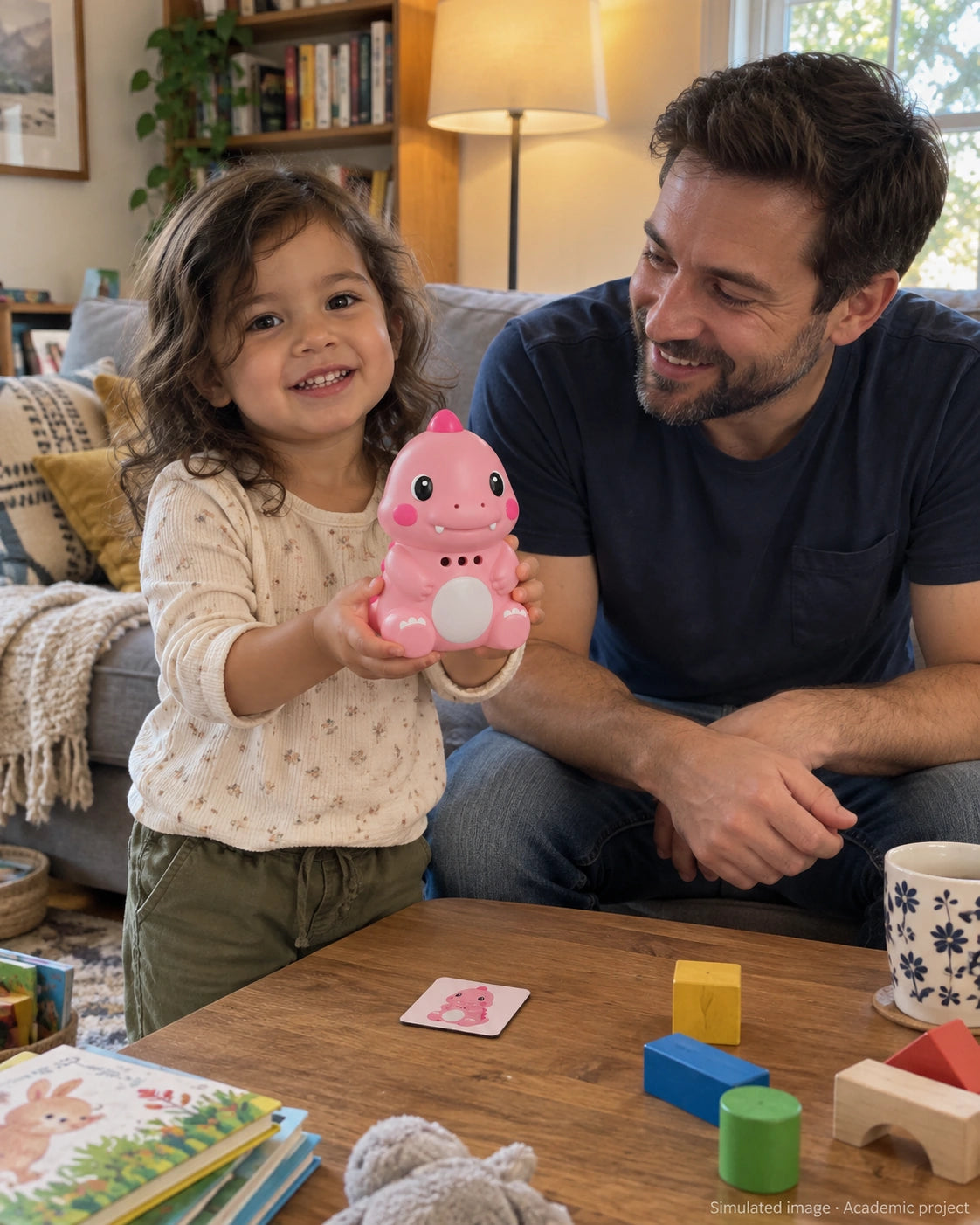 Child showing the pink DinoTalk next to a parent (simulated image)